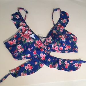 Verano Playa blue floral print ruffle bikini top XL